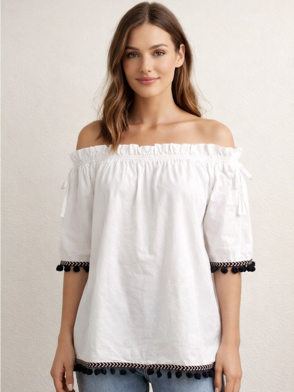 Truly 4 You White Off Shoulder Peasant Top Pom Trim Small NWT